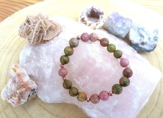 Bracciale perle 8mm rodonite, unakite, rame