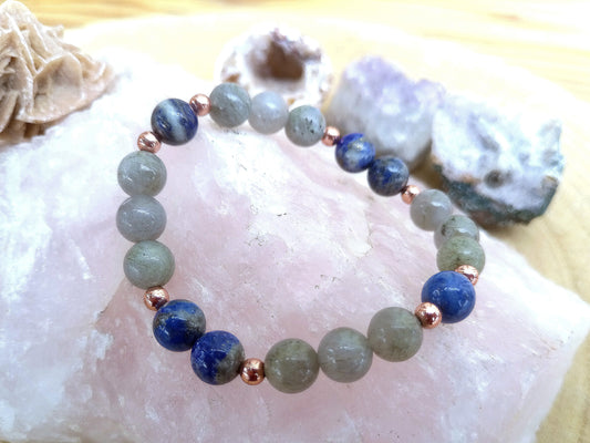 Bracciale perle 8mm lapislazzuli, labradorite, rame
