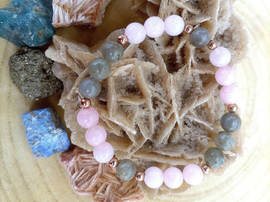 Bracciale perle 8mm kunzite, labradorite, rame