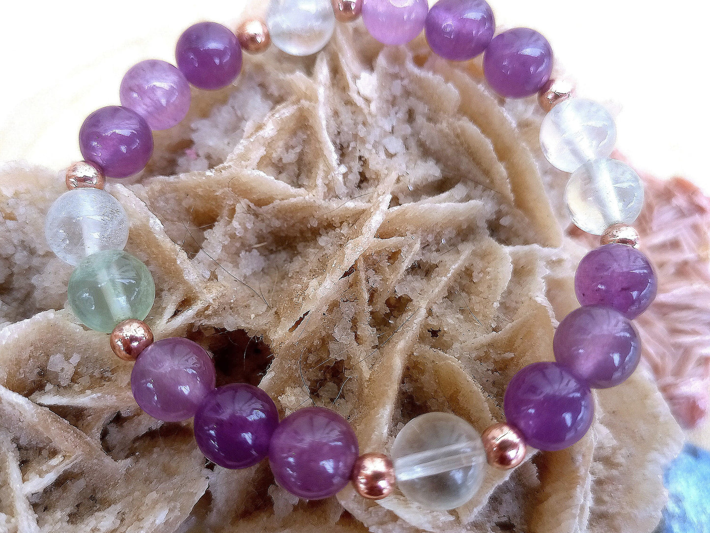 Bracciale perle 8mm fluorite, ametista, rame