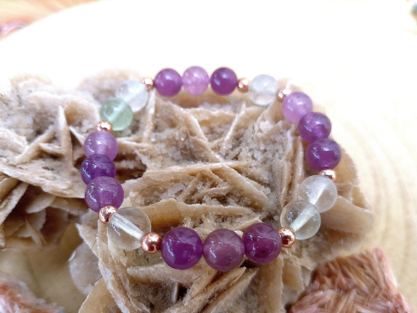 Bracciale perle 8mm fluorite, ametista, rame