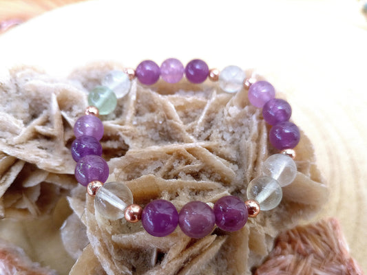 Bracciale perle 8mm fluorite, ametista, rame