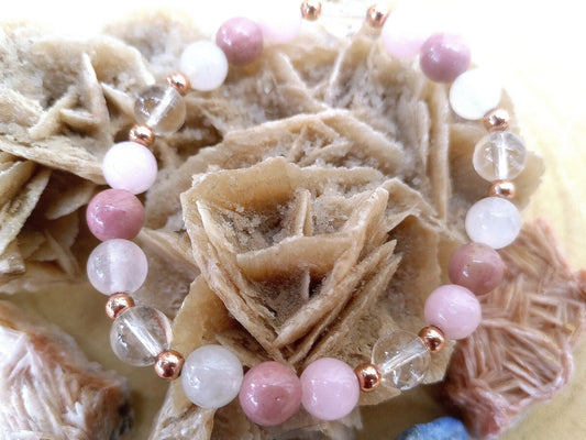 Bracciale perle 8mm kunzite, quarzo rosa, rodonite, quarzo ialino, rame