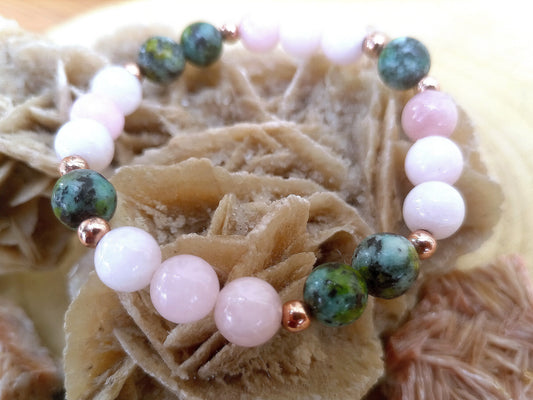 Bracciale perle 8mm kunzite, turchese africano, rame