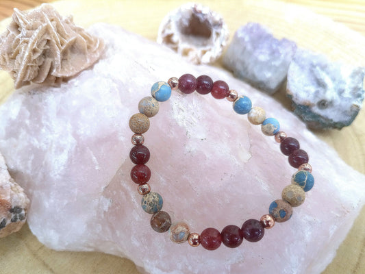 Bracciale perle 6mm granato almandino, diaspro imperiale, rame