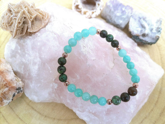 Bracciale perle 6mm amazzonite, giada africana, rame