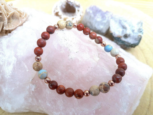 Bracciale perle 6mm diaspro imperiale, diaspro rosso, rame