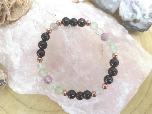Bracciale perle 6mm onice, fluorite, rame