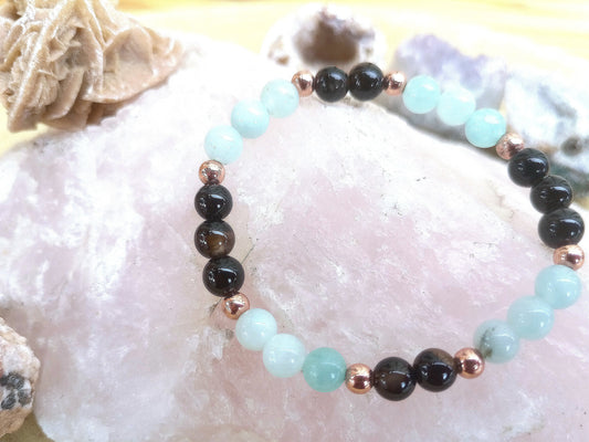 Bracciale perle 6mm amazzonite, onice, rame