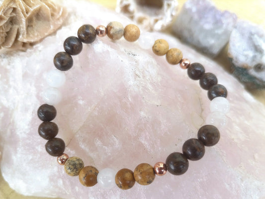 Bracciale perle 6mm bronzite, agata bianca, diaspro paesaggio, rame
