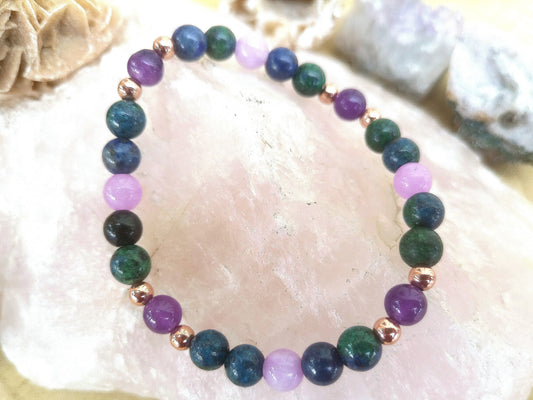 Bracciale perle 6mm ametista, kunzite, azzurrite, rame