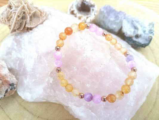 Bracciale perle 6mm corniola, kunzite, rame