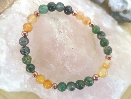 Bracciale perle 6mm corniola, agata muschiata, rame