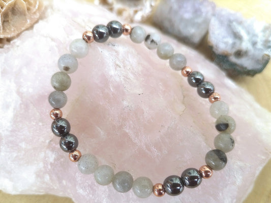 Bracciale perle 6mm ematite, labradorite, rame