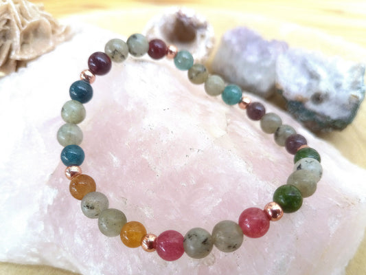 Bracciale perle 6mm tormalina naturale, labradorite, rame