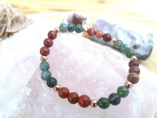 Bracciale perle 6mm diaspro rosso, agata muschiata, rame