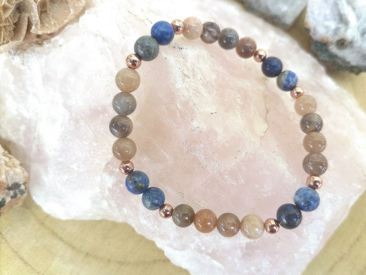 Bracciale perle 6mm lapislazzuli, pietra di luna nera, rame