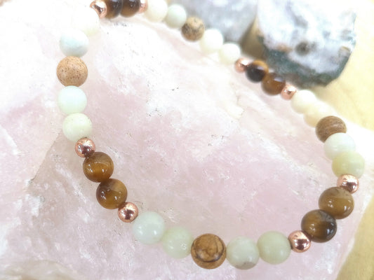 Bracciale perle 6mm occhio di tigre, amazzonite, diaspro paesaggio, rame