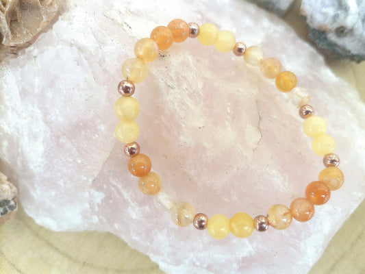 Bracciale perle 6mm calcite gialla, corniola, rame