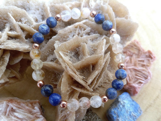 Bracciale perle 6mm lapislazzuli, quarzo citrino, rame