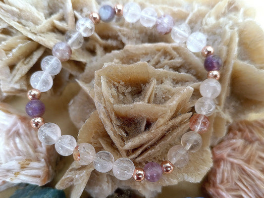 Bracciale perle 6mm quarzo ematoide, fluorite, rame