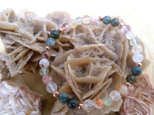 Bracciale perle 6mm quarzo ematoide, agata muschiata, rame