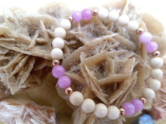 Bracciale perle 6mm kunzite, diaspro bianco, rame