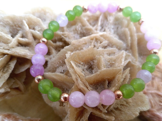 Bracciale perle 6mm kunzite, avventurina, rame