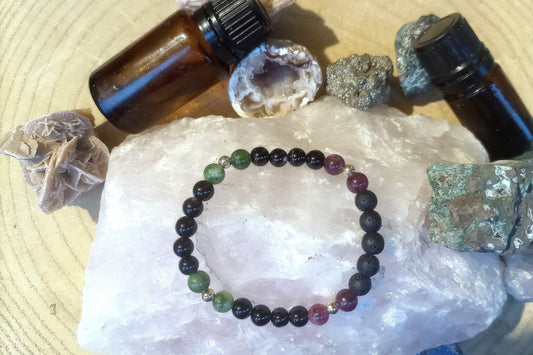 Onice, tormalina, lava, argento dorato 925
