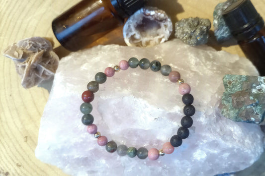 Eliotropio, rodonite, diaspro rosso, lava, argento dorato 925