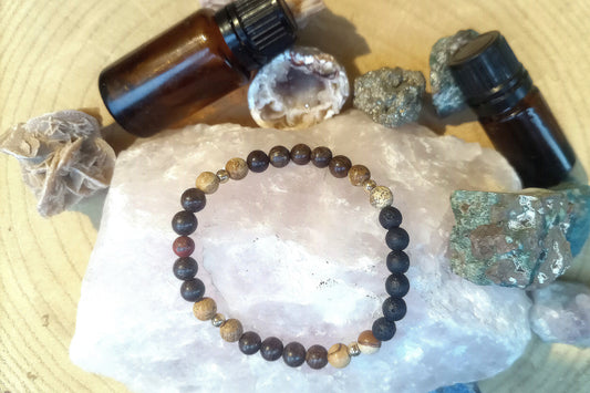 Diaspro paesaggio, diaspro rosso, bronzite, lava, argento dorato 925