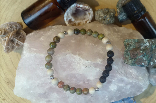 Unakite, diaspro bianco, lava, argento 925