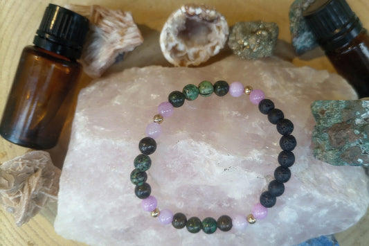 Zoisite, kunzite, lava, argento dorato 925