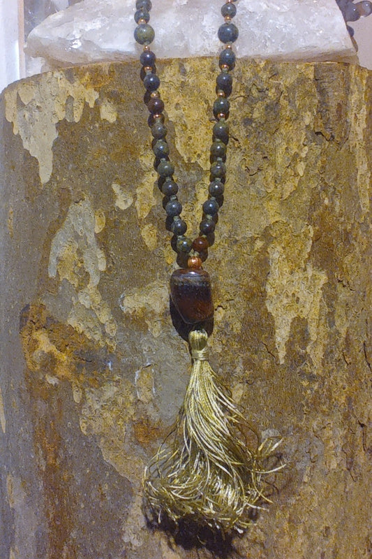Mala da meditazione 108 perle in Pietra sangue di drago, Pietra Guru Occhio di bue, Rame