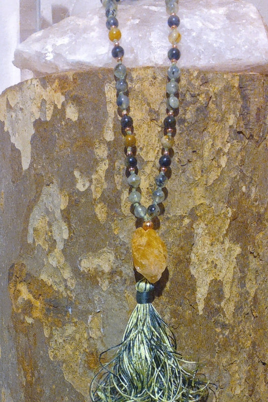 Mala in Prehnite, Pietra guru Quarzo citrino, Rame