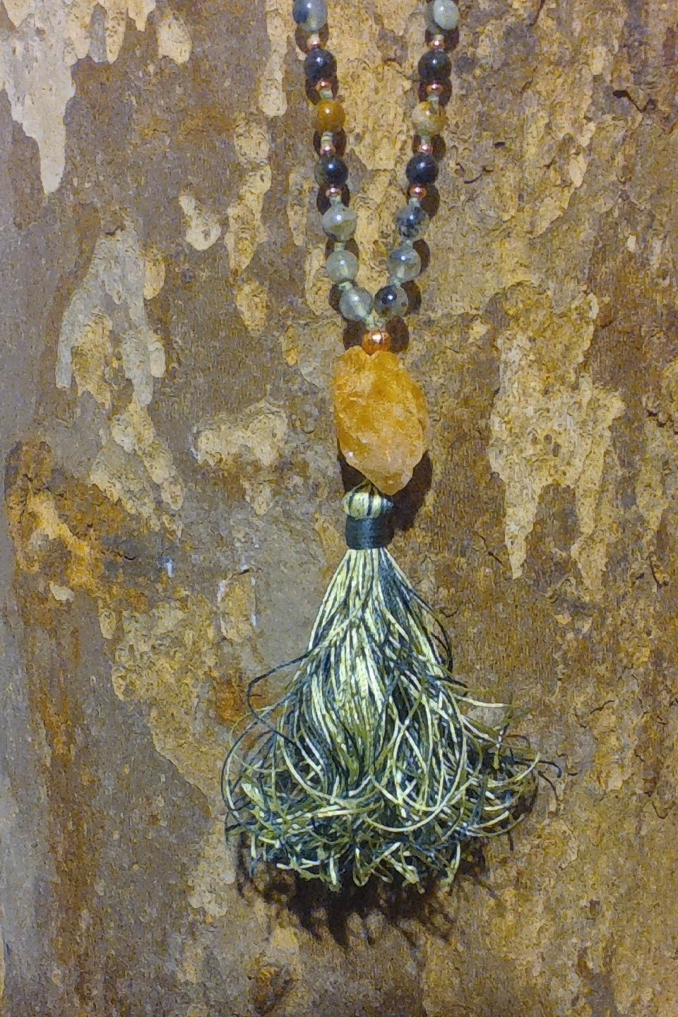 Mala in Prehnite, Pietra guru Quarzo citrino, Rame