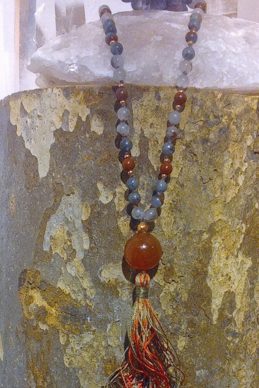 Mala fatta a mano con pietre dure naturali in Eliotropio Diaspro Sanguigno, Pietra Guru Agata rossa, Rame