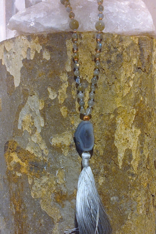 Mala in Labradorite, Pietra guru Agata grigia, Rame