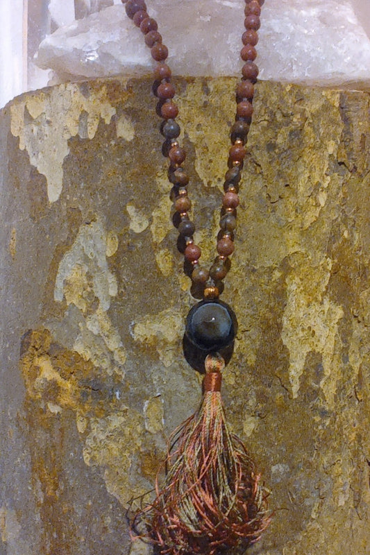 Mala da meditazione in Rodonite, Pietra Guru Agata e rame