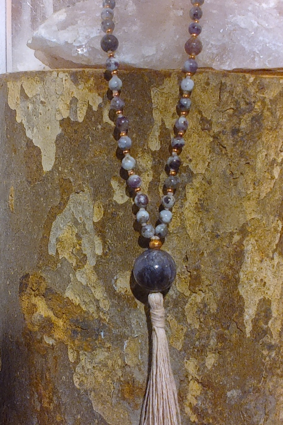 Mala artigianale con pietre dure naturali di Elbaite, Pietra Guru Ametista, Rame