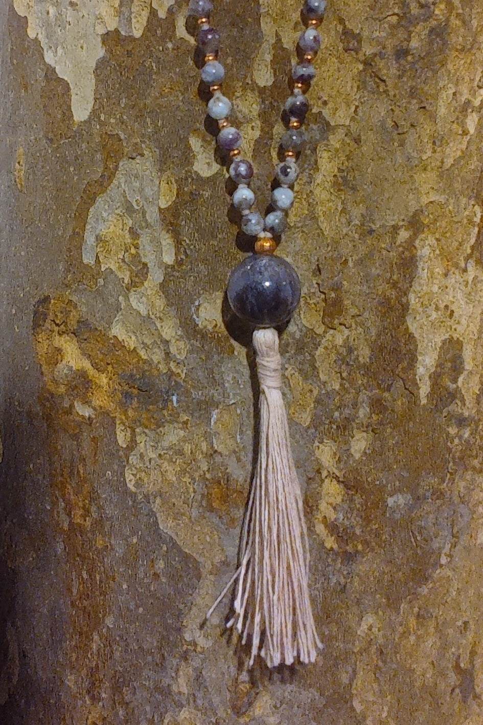 Mala artigianale con pietre dure naturali di Elbaite, Pietra Guru Ametista, Rame