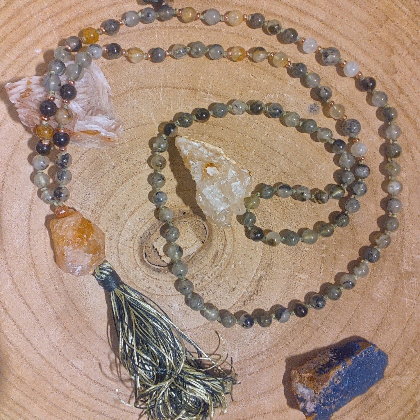 Mala in Prehnite, Pietra guru Quarzo citrino, Rame