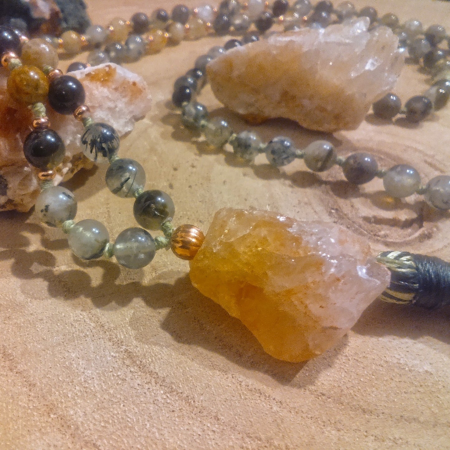 Mala in Prehnite, Pietra guru Quarzo citrino, Rame