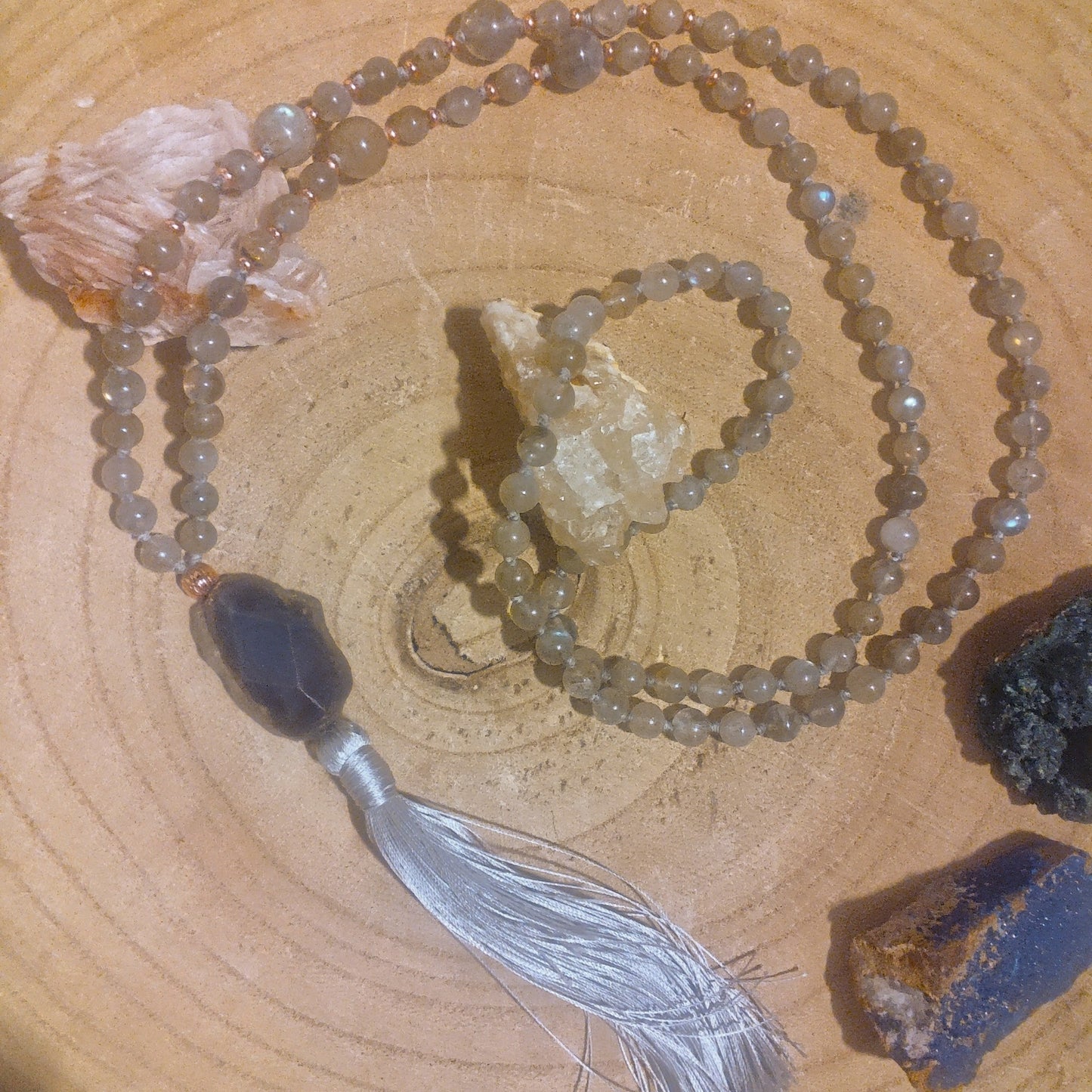 Mala in Labradorite, Pietra guru Agata grigia, Rame