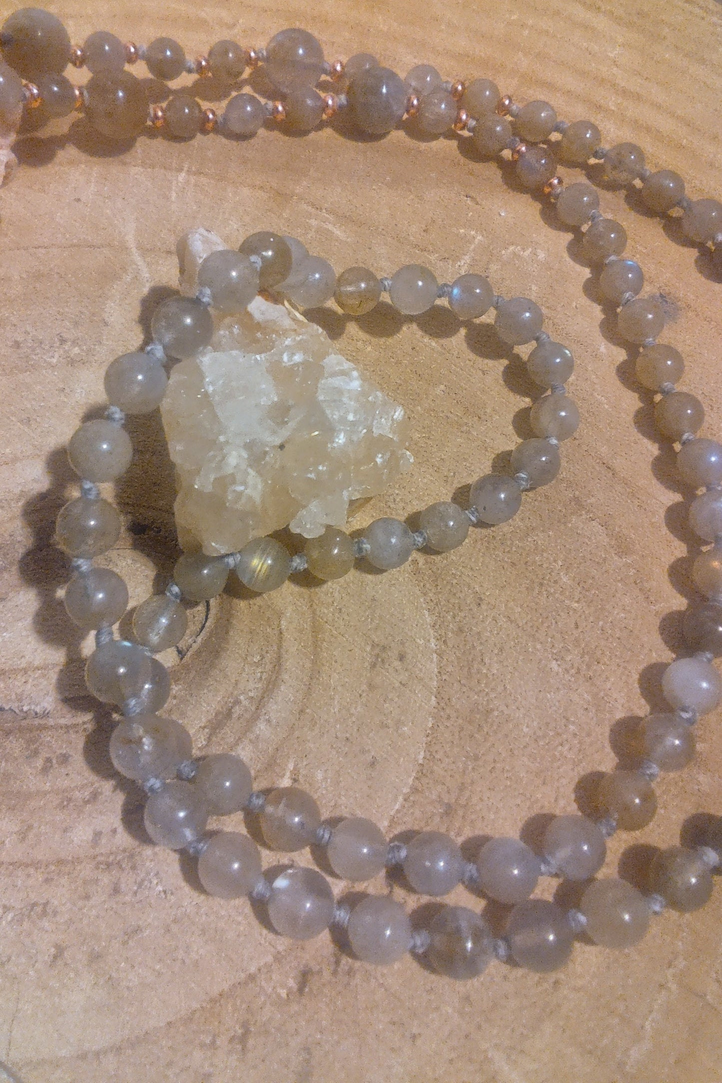 Mala in Labradorite, Pietra guru Agata grigia, Rame