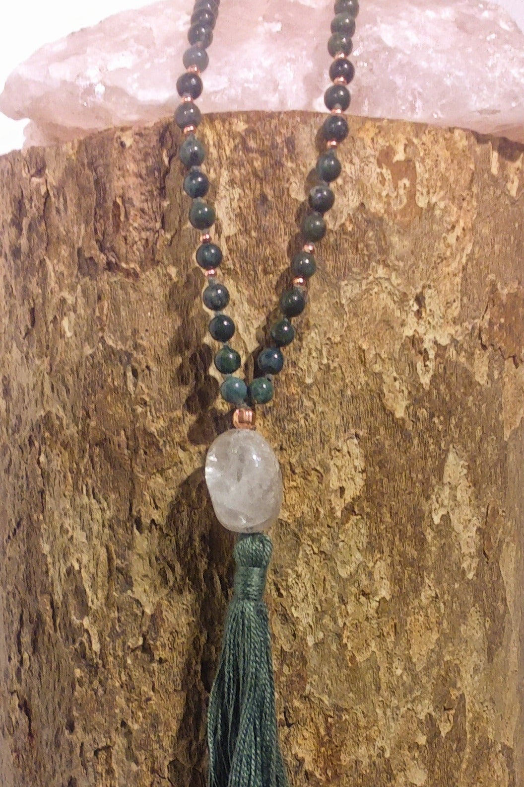 Mala in Agata muschiata, Pietra Guru Quarzo ialino, Rame