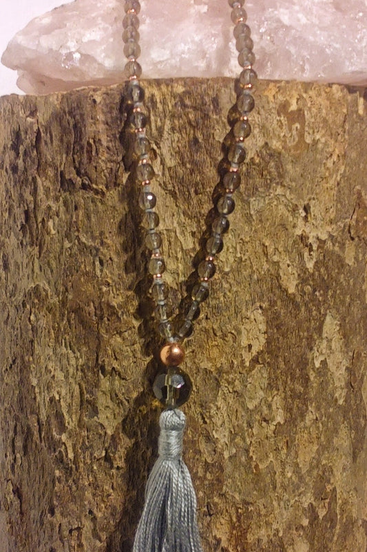 Mala da meditazione 108 perle Quarzo Fumè, pietra guru Quarzo Fumè, rame