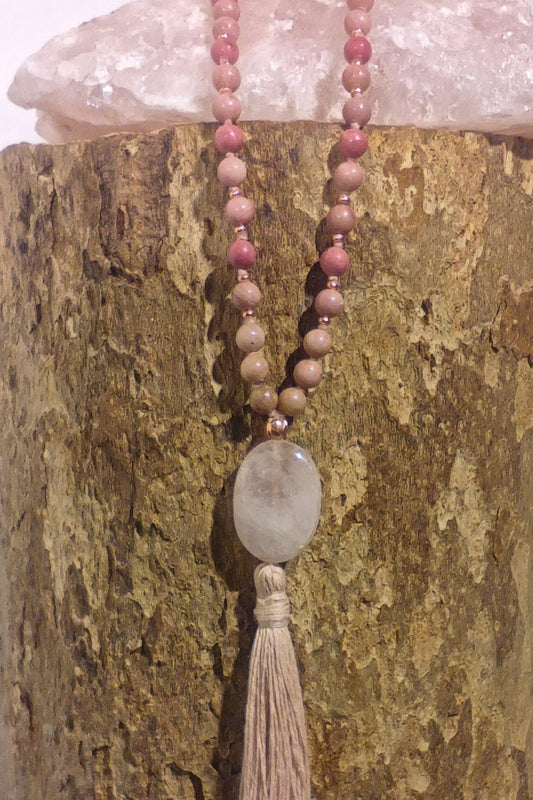 Mala in Rodonite, Pietra Guru Quarzo rosa, Rame