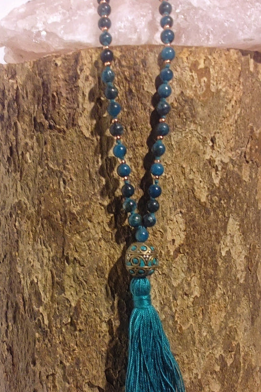 Mala per la pratica della meditazione in Apatite, Perla Guru tibetana e Rame