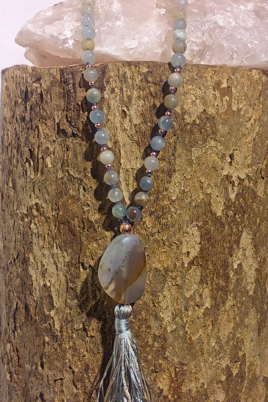 Mala 108 perle Calcite blu, pietra guru Agata, rame